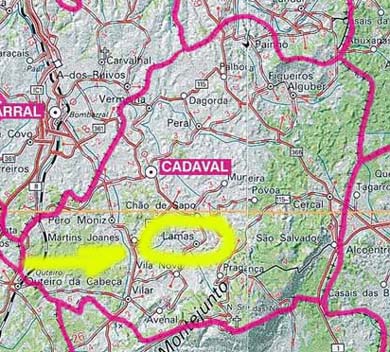 Karte der Gemeinde Cadaval mit gekennzeichneten Ort 'Lamas'
