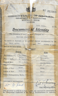 Identifikationsdokument der Reids für Einwanderung nach Australien