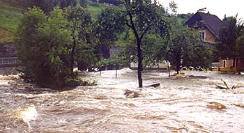 Steinere Mühl überschwemmt Teile Helfenbergs, 2002